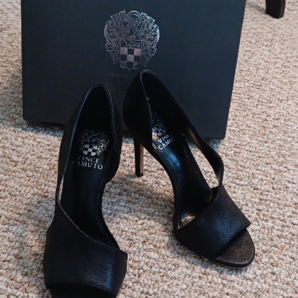 Vince Camuto Black Leather Open-Toe Heels